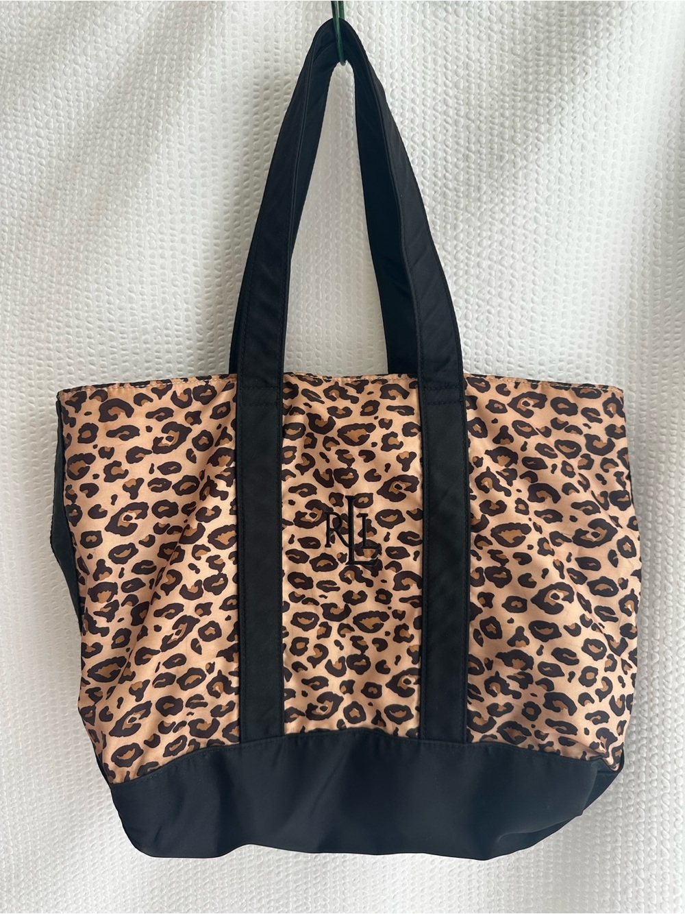 Lauren Ralph Lauren Tan Black Leopard Print Nylon Tote Shoulder Bag RL Logo